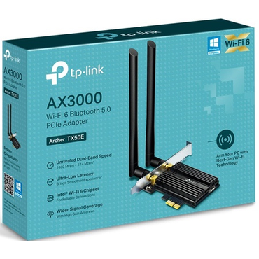 Адаптер беспроводной TP-Link Archer TX50E двухдиапазонный 2,4/5 МГц, 802.11ax,ac,n,a, 2402Мбит/с + 574Мбит/с, PCI-E, 2 внешние антенны