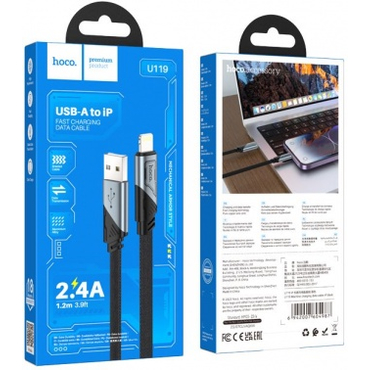 Кабель Hoco U119 Machine iP USB (m)-Lightning (m) 1.2м черный коробка плоский