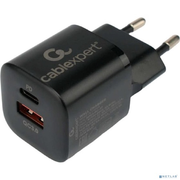 Зарядное устройство сетевое Cablexpert  20Вт, 3А, QC3.0/PD, 1xUSB, 1xType-C, черный, пакет (MP3A-PC-47)