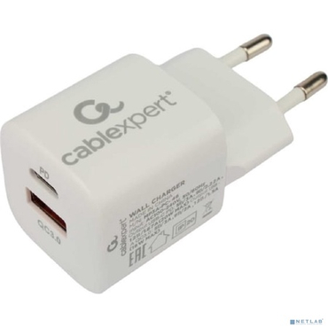 Зарядное устройство сетевое Cablexpert 20Вт, 3А, QC3.0/PD, 1xUSB, 1xType-C, белый, пакет (MP3A-PC-46)